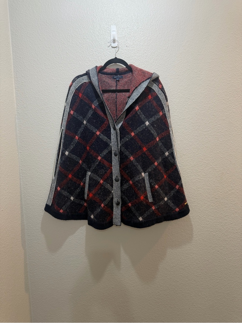 Tommy Hilfiger Navy & Red Plaid Hooded Cape Jacket